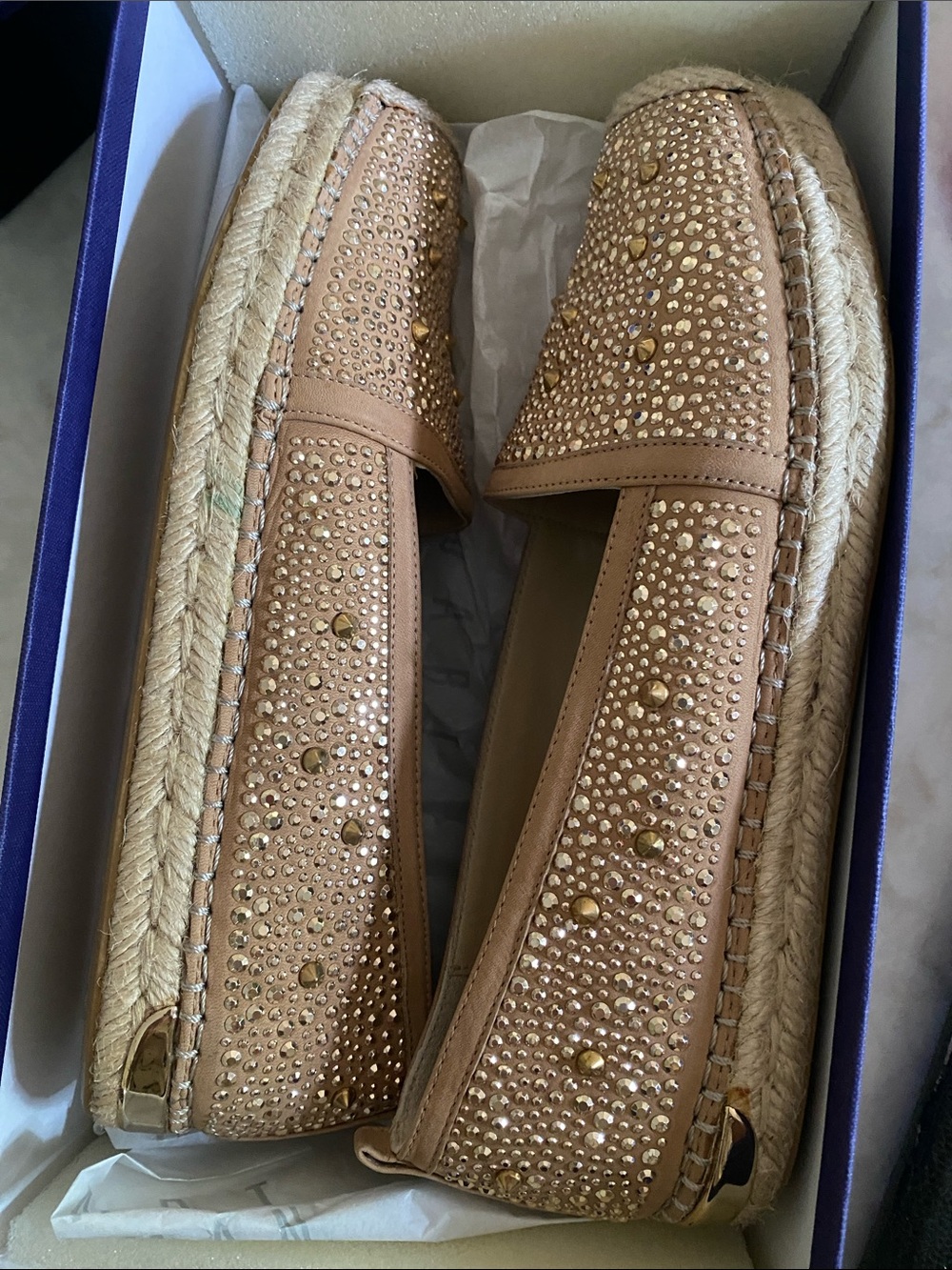Stuart Weitzman Rockon Crystal-Embellished Loafers in Beige 7M